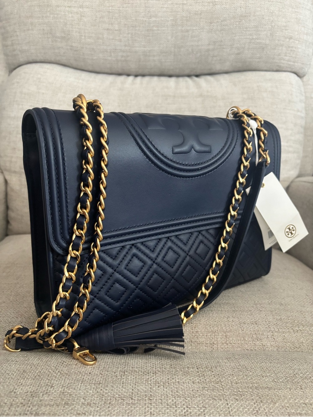 Tory Burch Quilted Leather Shoulder Fleming Bag in Navy with Gold Chain